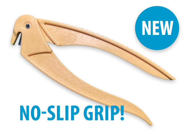an umbili-CUTTER with the words NO-SLIP GRIP! across the bottom and a blue NEW badge in the upper right corner of the graphic